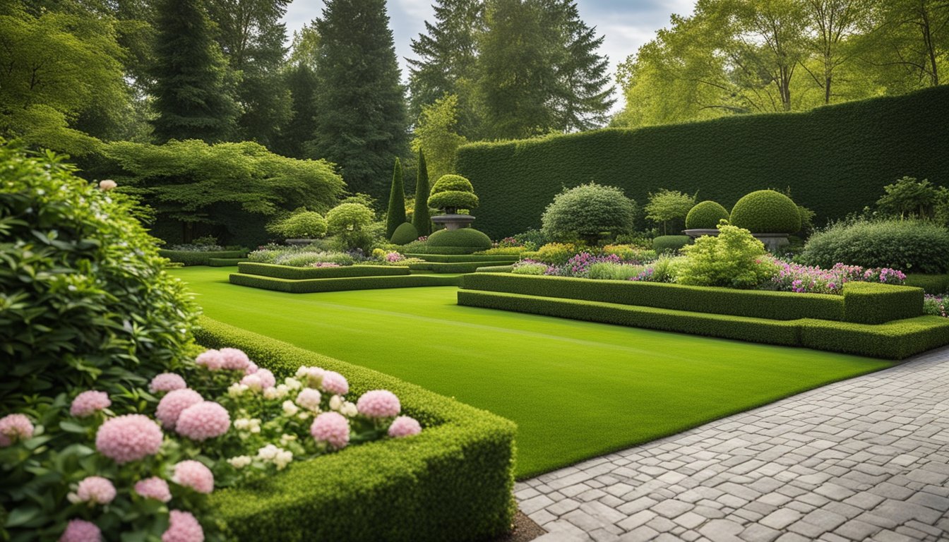 A lush garden with manicured lawns and vibrant flowers, surrounded by elegant hedges and stone pathways, showcasing the work of the best landscaping companies in Toronto