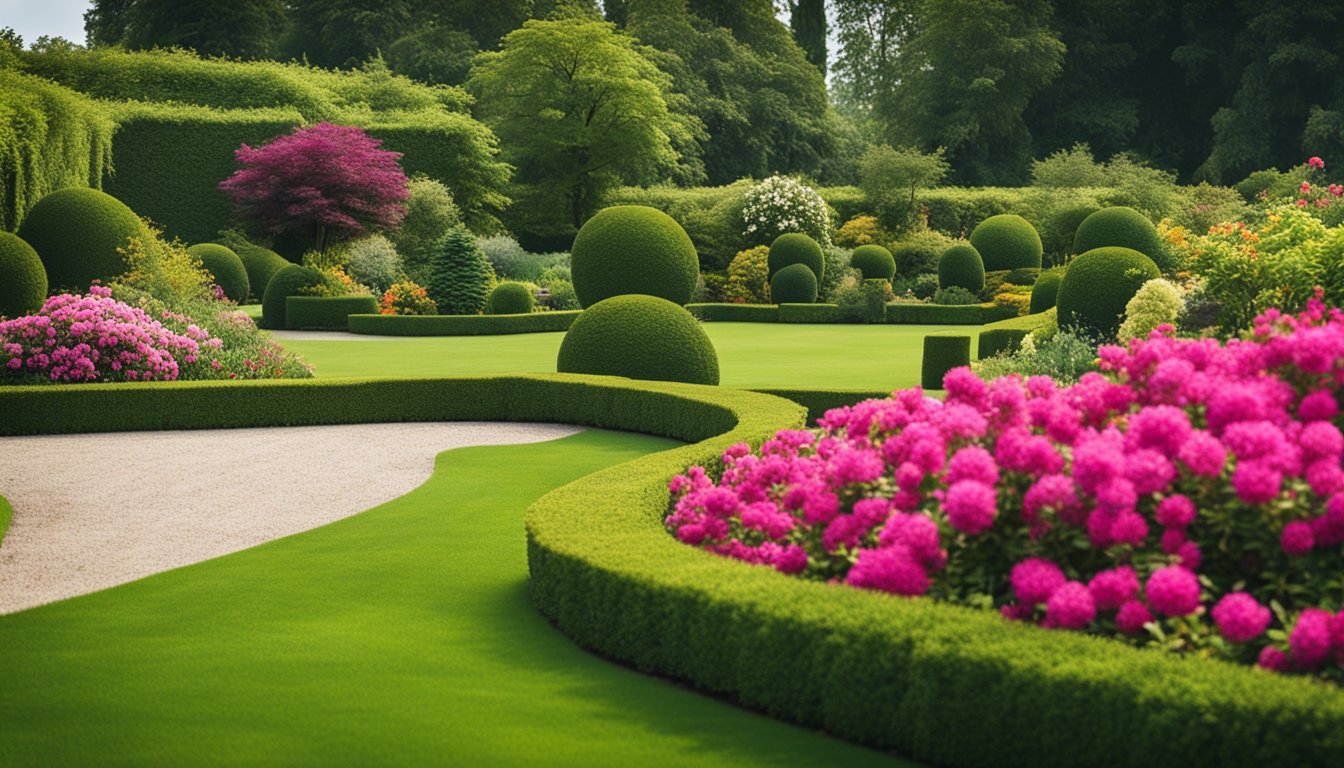 A lush, manicured garden with vibrant flowers and neatly trimmed hedges, surrounded by a pristine lawn