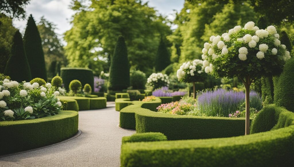 A lush, well-manicured garden with a variety of plants and flowers, surrounded by neatly trimmed hedges and a paved walkway