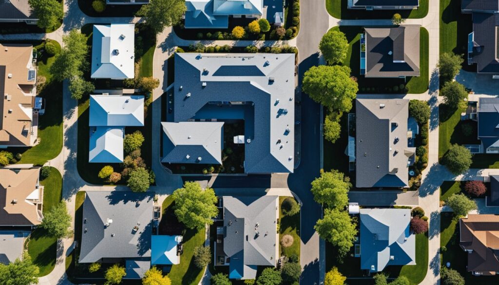 Aerial view of Roofmart Canada's top 10 roofing companies in Ontario, showcasing various types of roofing materials and equipment