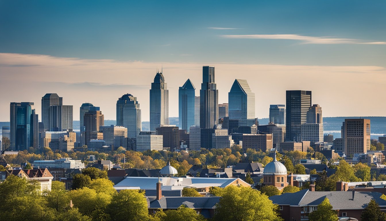 A skyline of Ontario with 10 distinct buildings, each representing a top roofing company, standing out against the blue sky